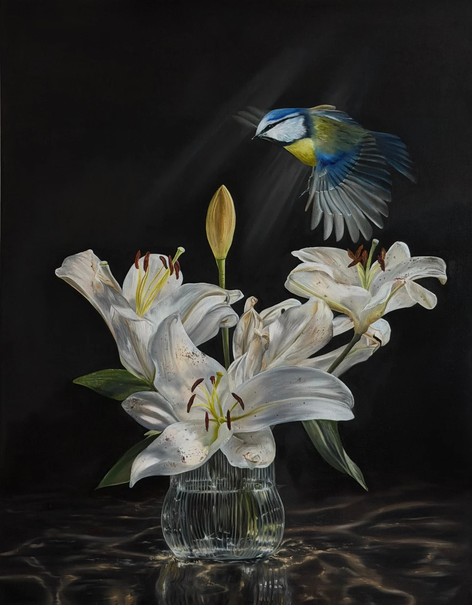 Tenderness in the Dark, a painting of white lilies and a blue-and-yellow bird